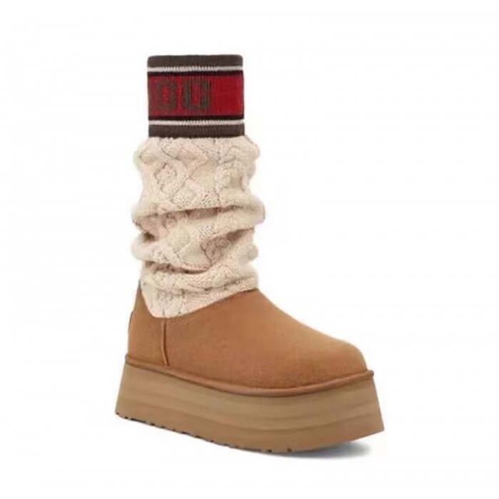 UGG Winter pure hand-knitted wool socks warm non-slip high cotton boots-Brown-2957031